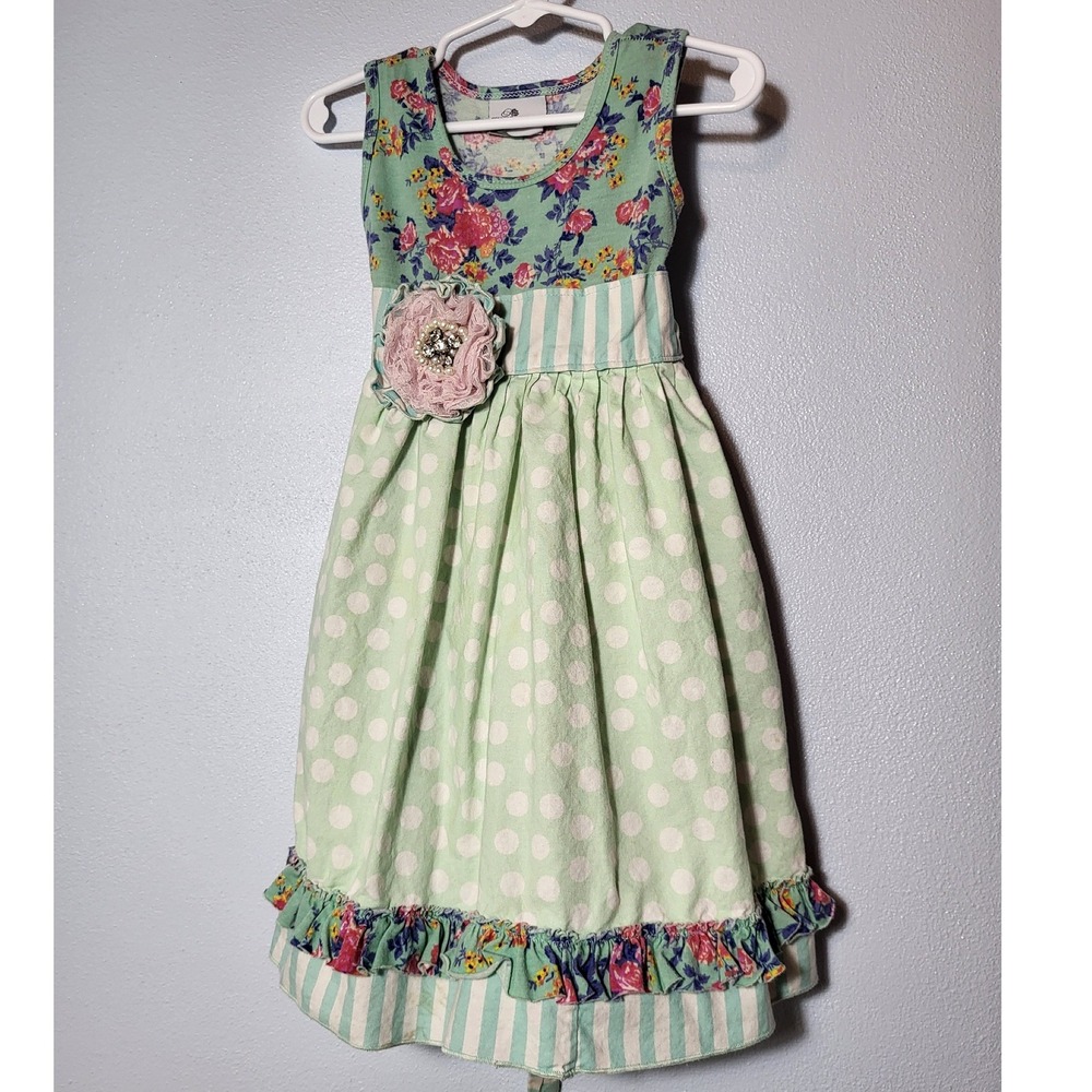She Bloom Girls 4T Mixed Print Floral Polka Dot Ruffle Dress Rhinestones USA